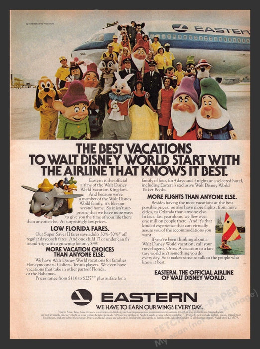 1979 Eastern Airlines & Walt Disney World Characters Print Advertisement