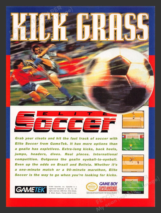 1994 Elite Soccer "Kick Grass!" Video Game Print Advertisement