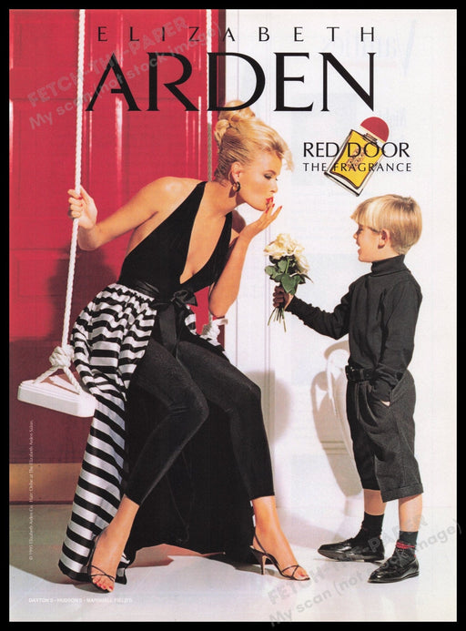 Elizabeth Arden Red Door Perfume 1990s Print Advertisement Ad 1995 Model & Boy Fetch the Paper!