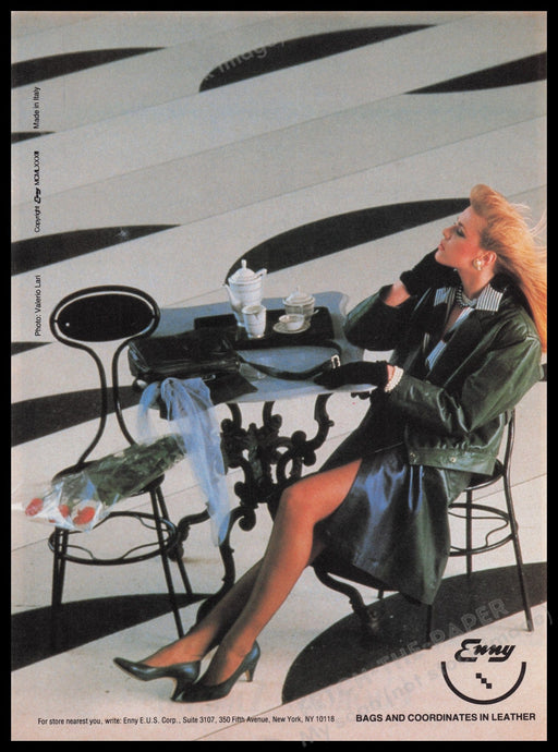 Enny Leather Fashion 1980s Print Advertisement Ad 1983 Legs Outdoor Cafe Fetch the Paper!