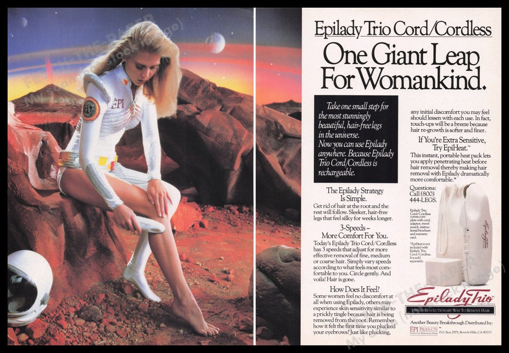 Epilady Trio 1980s Print Advertisement (2 pages) 1989 Legs Woman Mars Astronaut Fetch the Paper!