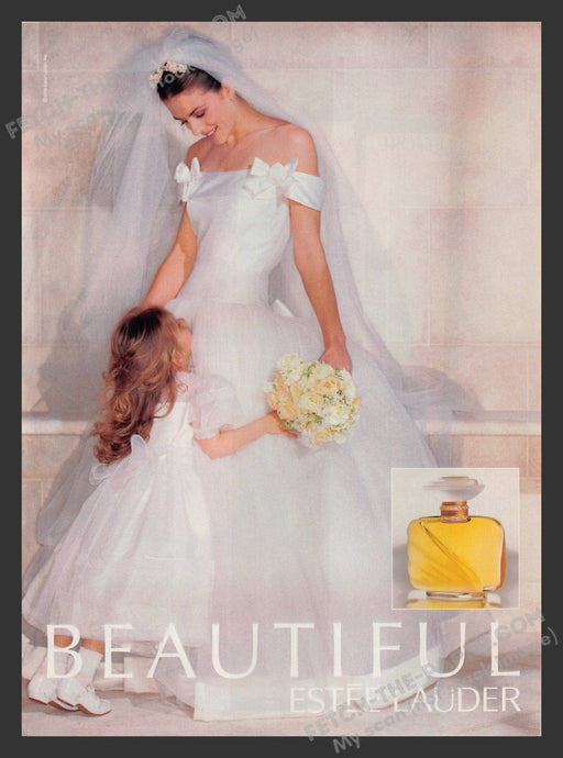 1997 Print Advertisement Estee Lauder "Beautiful" Elizabeth Hurley Bride Ad.