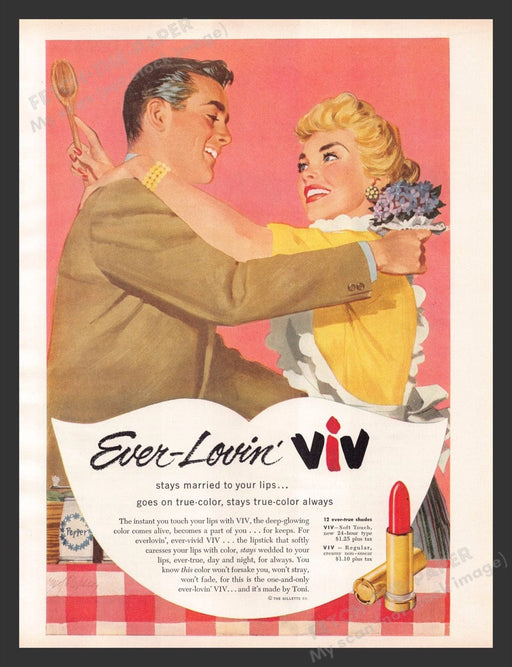 1956 Ever-Lovin' Viv Lipstick Kitchen Couple Color Print Advertisement Ad