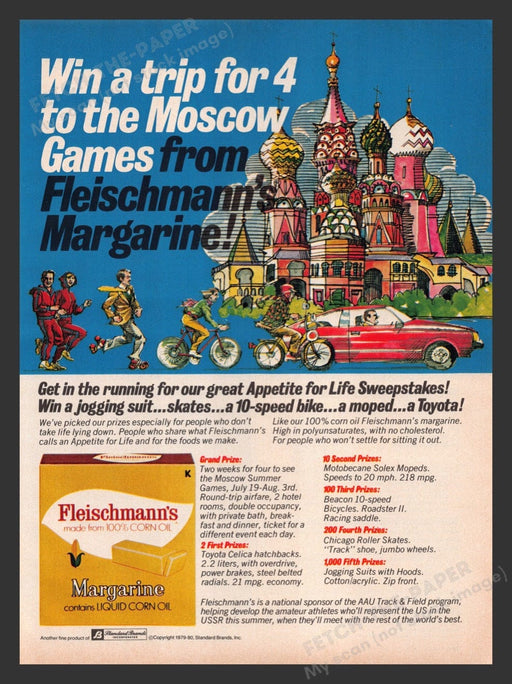 1980 Fleischmann's Margarine & Win a Trip to Moscow Games Print Advertisement Ad