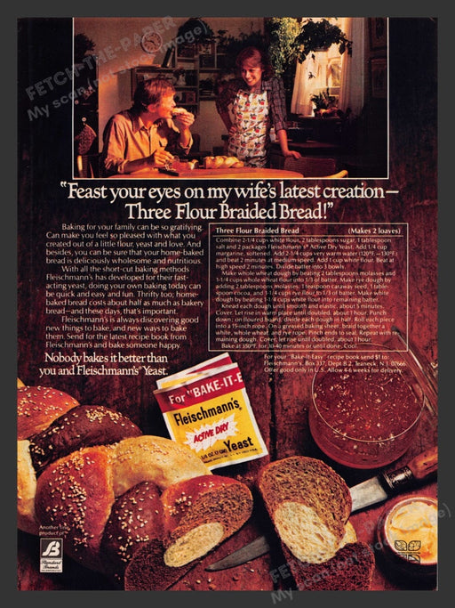 1980 Fleischmann's Yeast "Three Flour Braided Bread" Recipe Print Ad