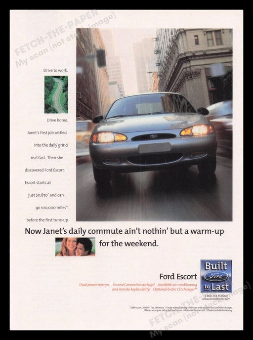 Ford 1990s Print Advertisement Ad 1999 Escort City Streets Car Fetch the Paper!