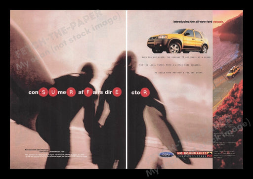 Ford Escape 2000s Print Advertisement Ad (2 pages) 2001 Surfers "No Boundaries" Fetch the Paper!