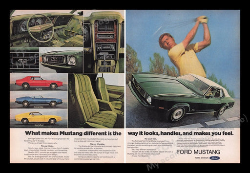 Ford Mustang Car 1970s Print Advertisement (2 pages) 1972 Interior Golfer Fetch the Paper!