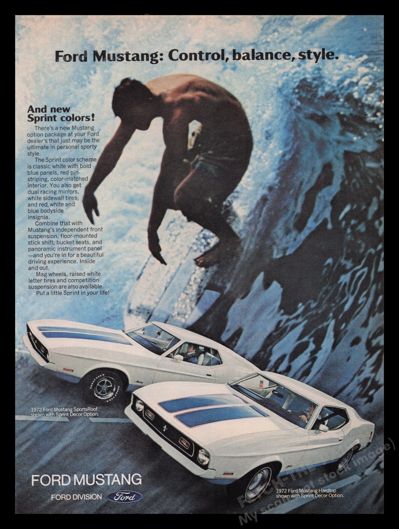 Vintage 1972 Ford Mustang Print Ad - Surfer Theme, Sprint Colors ...