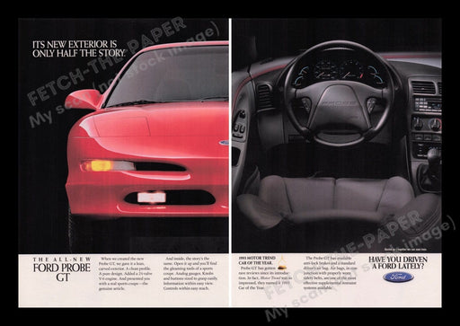 Ford Probe GT 1990s Print Advertisement Ad (2 pages) 1993 Car Interior Fetch the Paper!