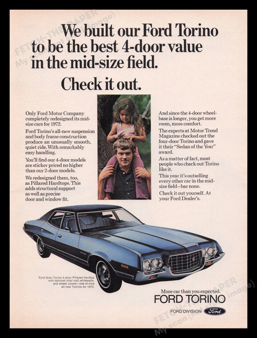 Ford Torino Car 1970s Print Advertisement Ad 1972 "More car than you expected" Fetch the Paper!