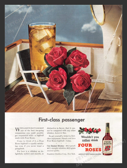 1949 Four Roses Whisky Ship Deck First-Class Print Advertisement Ad