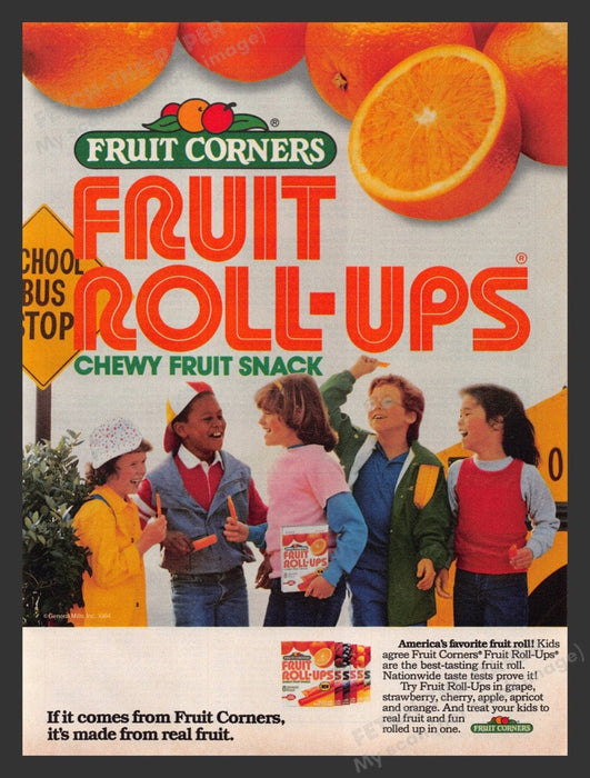 1985 Fruit Corners Fruit Roll-Ups Kids at the School Bus Stop Print Ad