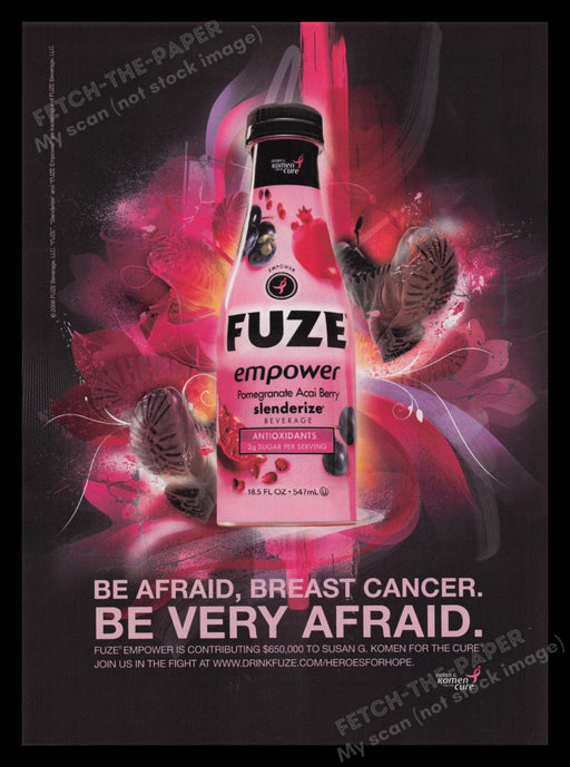 Fuze 2000s Print Advertisement Ad 2008 Drink Breast Cancer Empower For the Cure Fetch the Paper!