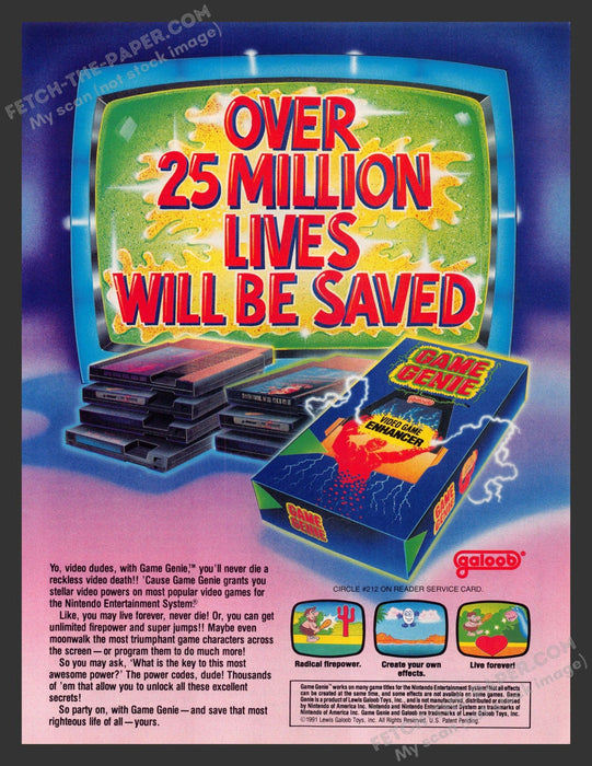 1991 Print Advertisement Galoob Game Genie Enhancer Video Game Ad.
