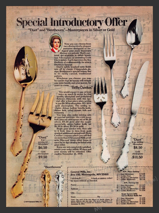 1979 General Mills Flatware "Duet" & "Beethoven" Patterns Print Advertisement Ad