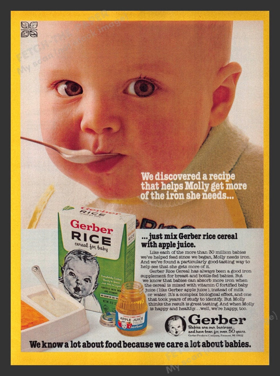 Vintage 1979 Gerber Rice Cereal & Apple Juice Ad Print — Fetch-the-Paper