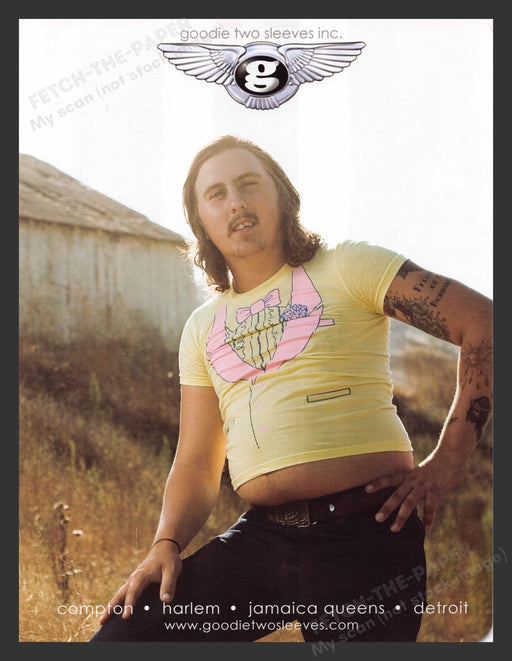 2005 Goodie Two Sleeves Clothing Fat Man in Tiny Shirt Print Advertisement Ad.