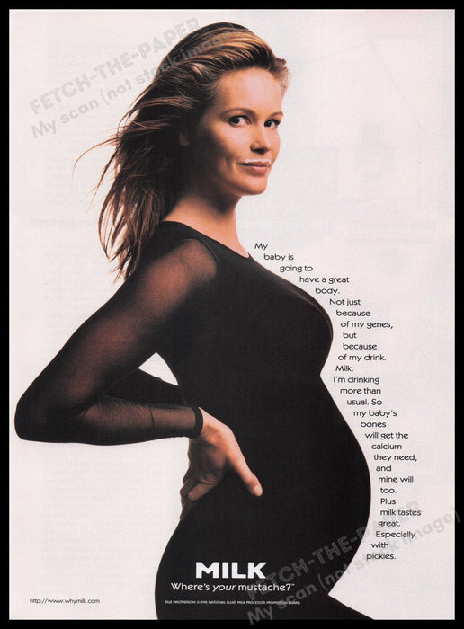 Got Milk? Elle MacPherson 1990s Print Advertisement Ad 1998 Pregnant Super Model Fetch the Paper!