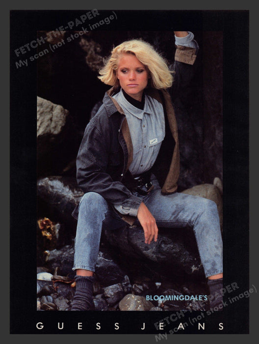 Guess 1980s Print Advertisement 1983 Jeans Blonde Model Rocks Outdoor Fetch the Paper!