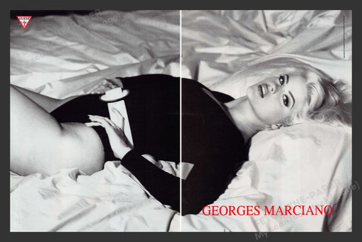 Guess 1990s Print Advertisement (2 pages) Anna Nicole Smith Laying on Bed Fetch the Paper!
