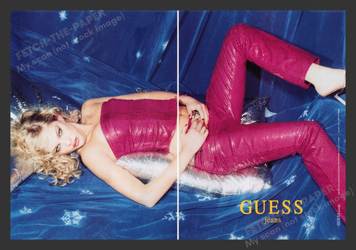 Guess 2000s Print Advertisement (2 pages) 2000 Jeans Blonde on Couch Snakeskin Fetch the Paper!