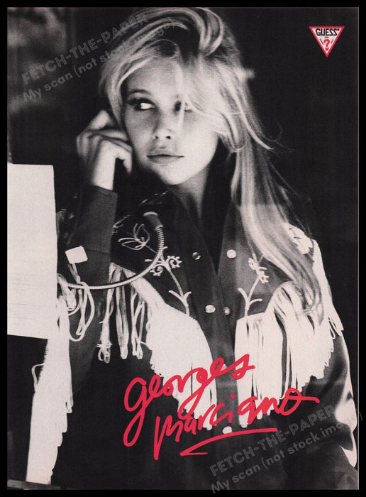 Guess Claudia Schiffer 1980s Print Advertisement Ad Front & Back 1989 Phone Fetch the Paper!