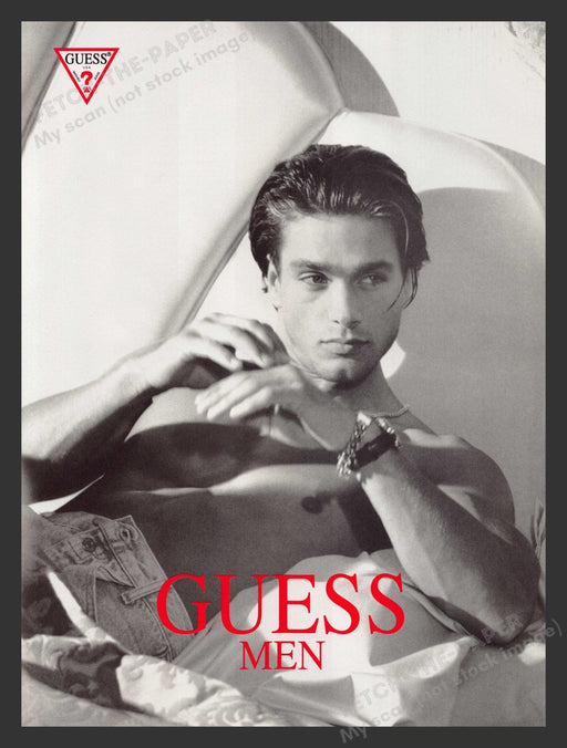 Guess Men Sexy Male Model in Bed Smoldering Eyes 1990s Print Advertisement 1993 Fetch the Paper!