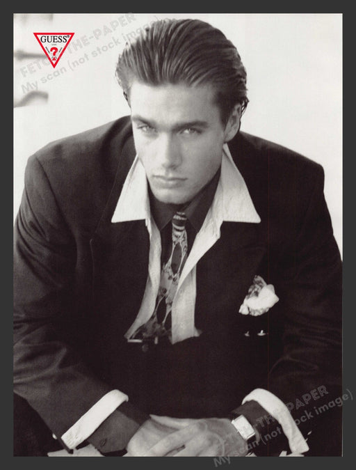Guess Men Sexy Male Model in Suit Smoldering Eyes 1990s Print Advertisement 1993 Fetch the Paper!