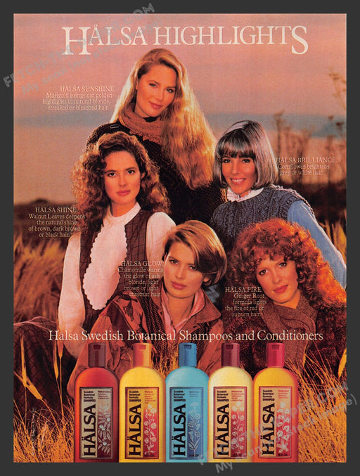 1985 Print Advertisement Halsa Highlights Swedish Hair Shampoo & Conditioners Ad.