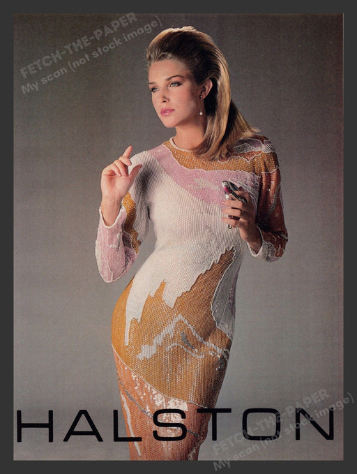 Halston 1980s Print Advertisement Ad 1983 Clothing Dress Fashion Blonde Curves Fetch the Paper!