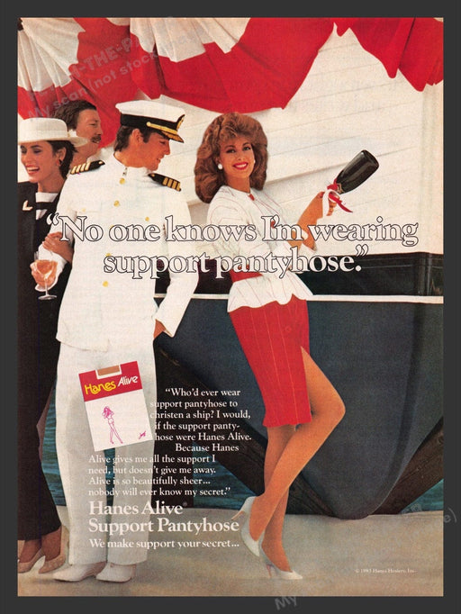 1984 Hanes Alive Pantyhose Boat Christening Legs Captain Print Advertisement Ad