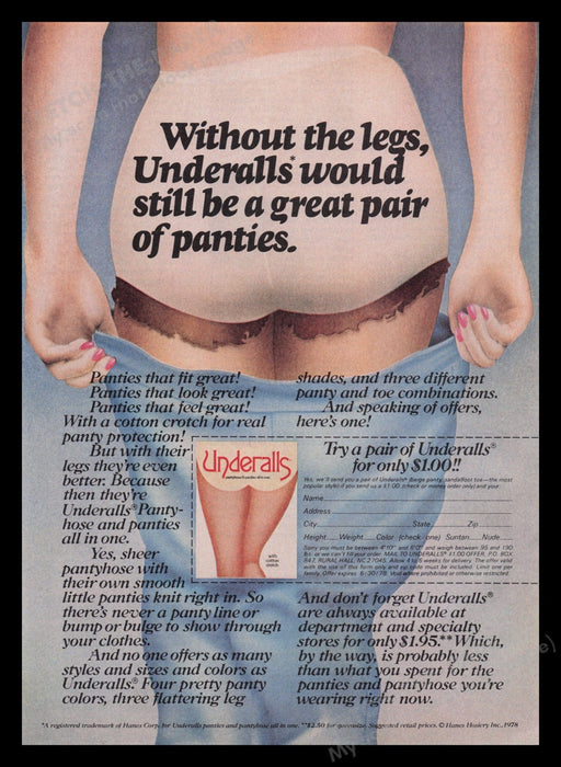Hanes Hosiery Underalls 1970s Print Advertisement Ad 1978 Underwear Combo Fetch the Paper!