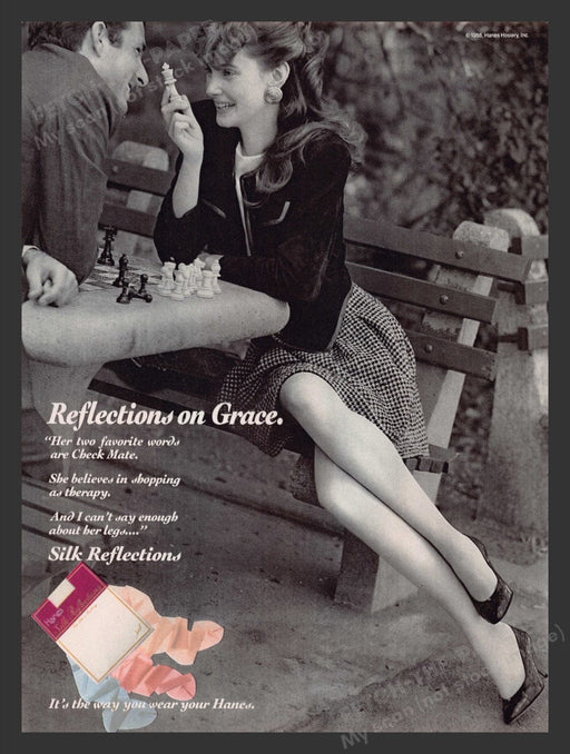 1989 Hanes Silk Reflections Pantyhose Hosiery Couple Playing Chess Print Ad