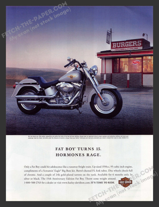 2005 Print Advertisement Harley-Davidson Fat Boy Motorcycle Outside Diner Ad.