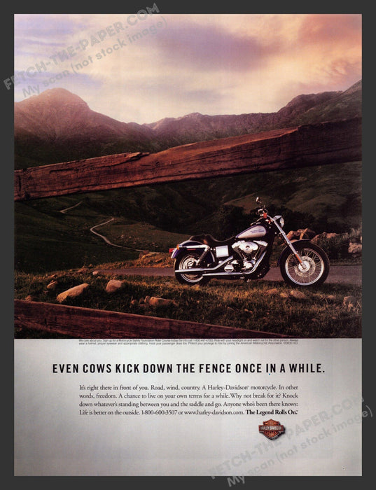 2001 Harley-Davidson Motorcycle Fence in the Country Print Advertisement.