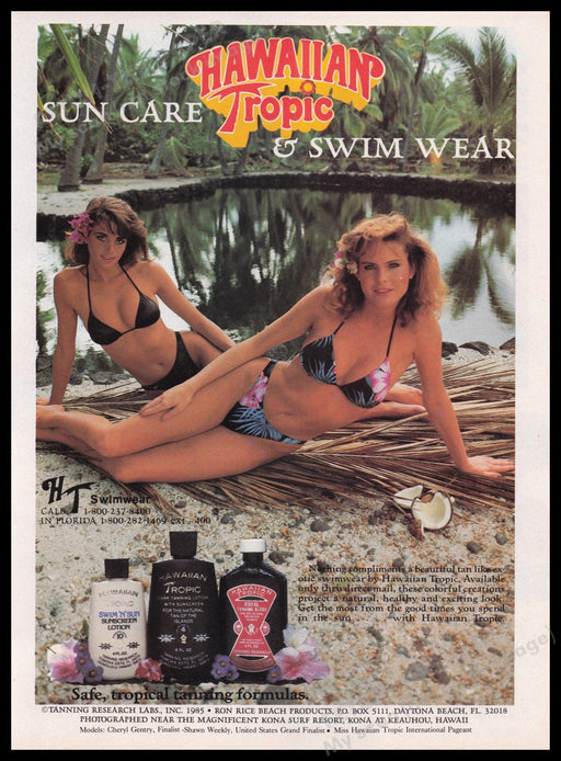 Hawaiian Tropic Sun Care Swim Wear 1980s Print Advertisement Ad 1985 Bikini Fetch the Paper!