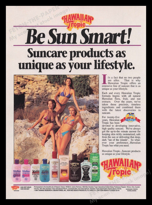 Hawaiian Tropic Suncare 1990s Print Advertisement Ad 1994 Bikini Models Beach Fetch the Paper!