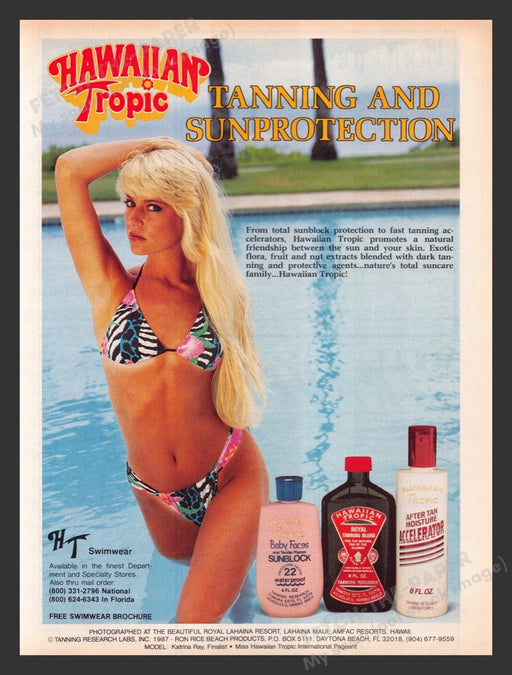 1987 Hawaiian Tropic Tanning Blonde Bikini Pool Print Advertisement Ad