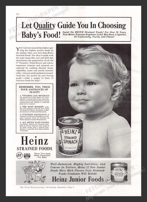 1940 Heinz Strained Spinach Junior Baby Food Print Advertisement Ad