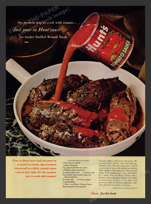 Hunt's 1960s Print Advertisement 1964 Stuffed Round Steak Recipe Tomato Sauce Fetch the Paper!