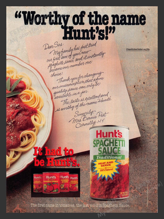 1988 Hunt's Spaghetti Sauce "Traditional" Print Advertisement Ad