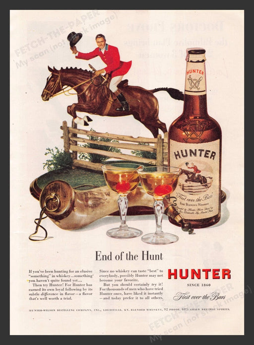 1948 Hunter Fine Blended Whisky Fox Hunt Horse Jumping Print Advertisement Ad