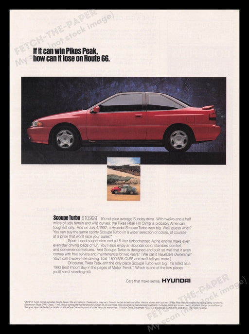 Hyundai 1990s Print Advertisement Ad 1993 Scoupe Turbo Car Fetch the Paper!