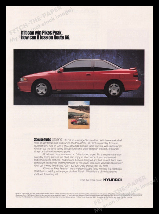 Hyundai 1990s Print Advertisement Ad 1993 Scoupe Turbo Car Fetch the Paper!