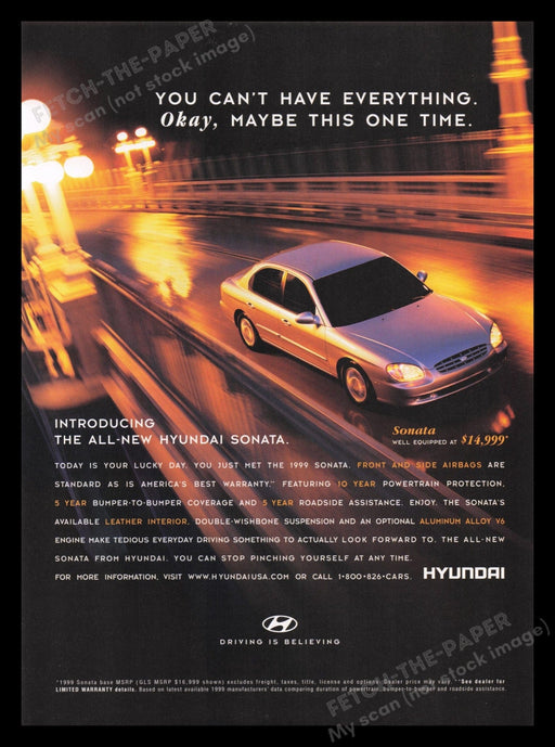 Hyundai 1990s Print Advertisement Ad 1999 Sonata Car Nighttime City Street Fetch the Paper!