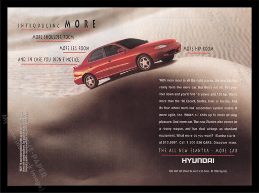 Hyundai Elantra 1990s Print Advertisement Ad 1996 More Hip Room Body Curves Fetch the Paper!