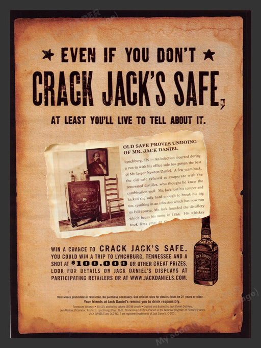 2001 Jack Daniel's Crack Jack's Safe Alcohol Print Advertisement Ad.