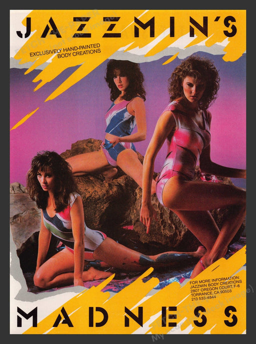 Jazzmin 1980s Print Advertisement 1984 Body Creations Leotard California Fetch the Paper!