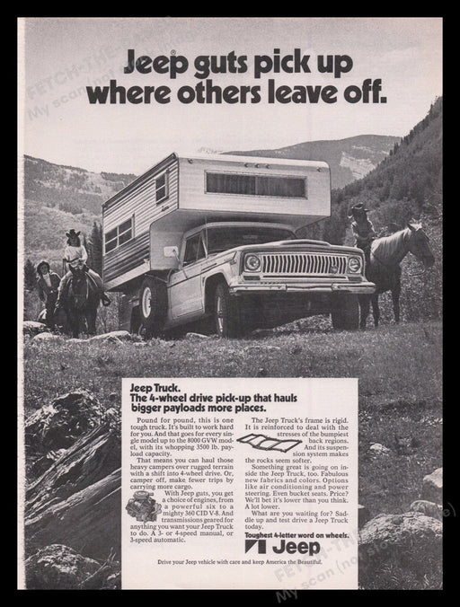 Jeep Truck 1970s Print Advertisement Ad 1972 Camper Horseback Mountains Fetch the Paper!